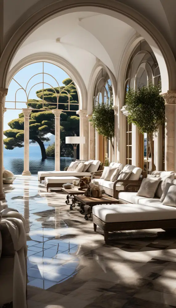 Galerie à arcades d'un hôtel de luxe avec salon ouvert sur la mer