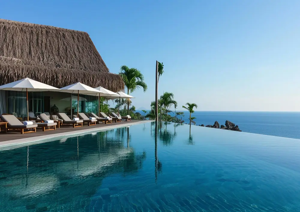 Piscine à débordement face à l'océan dans un hôtel en bord de mer