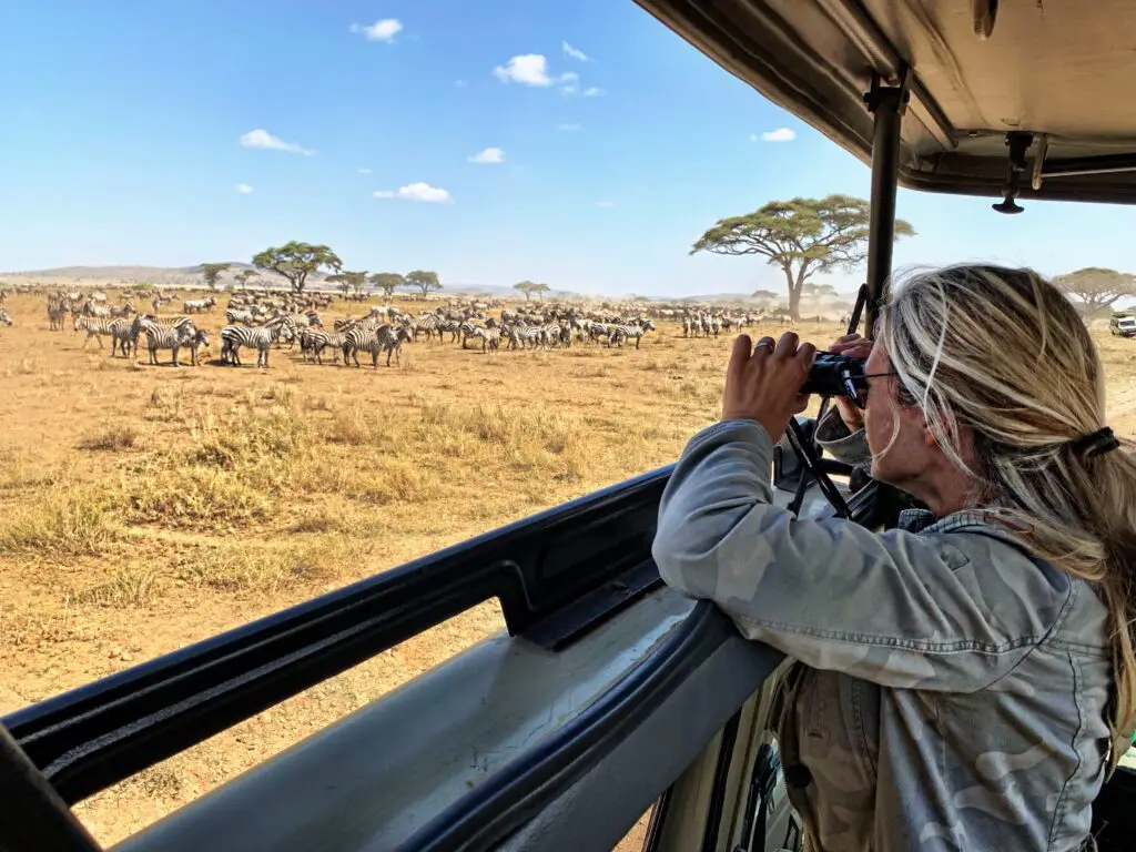 Voyageuse photographiant la savane depuis un véhicule de safari en Afrique de l'Est